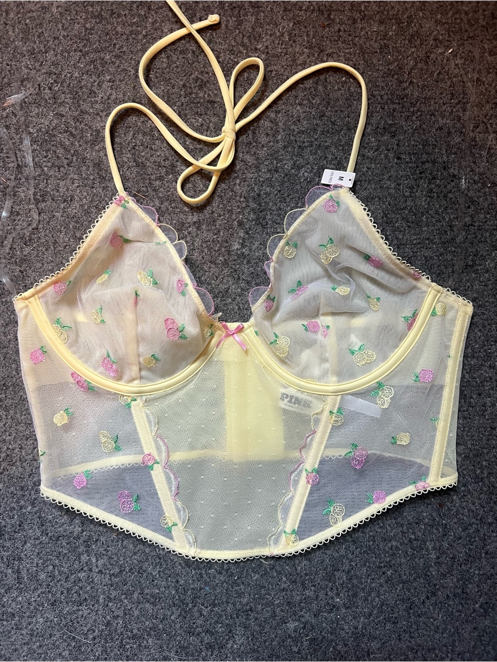 PINK Victoria's Secret Yellow Sheer Embroidered Longline Bralette